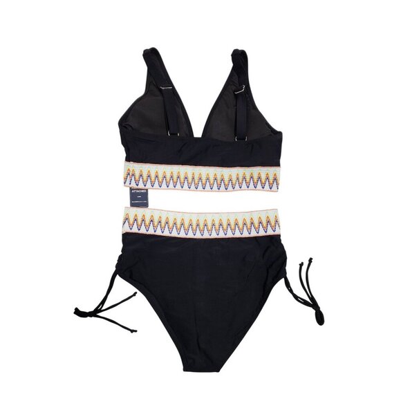 Black High-Waisted Bikini Set With Adjustable Straps & Chevron Accents Size M - Picture 2 of 7